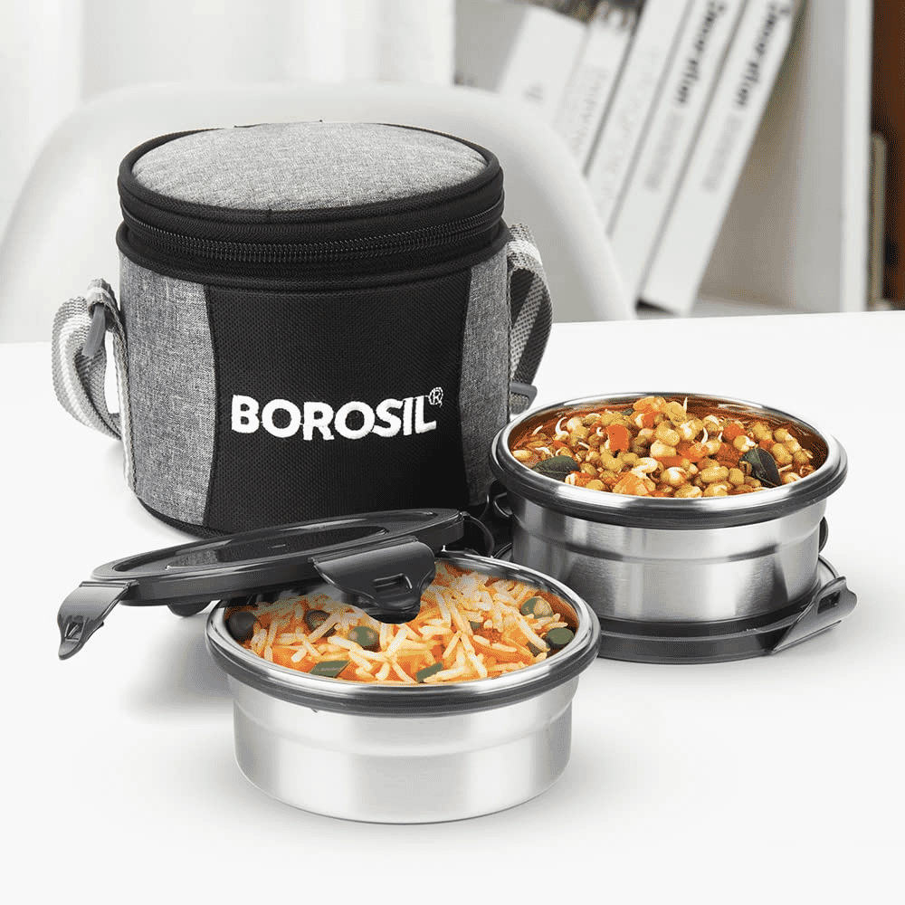 Borosil Stainless Steel Lunch box with Carry Bag Set of 2- Silver- (400ml*2)